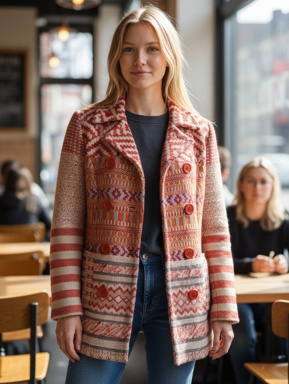 Desigual Boho Patchwork Knit Jacket Red Cream Double Breasted Coat Women